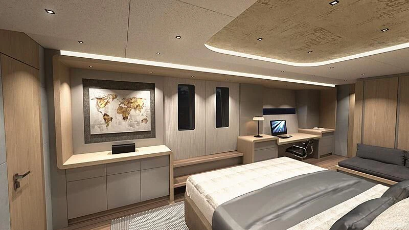 a room with a bed and a desk aboard AMANTIS 7 Yacht for Sale