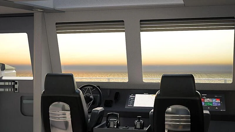 a room with a view of the water and the land below aboard AMANTIS 7 Yacht for Sale