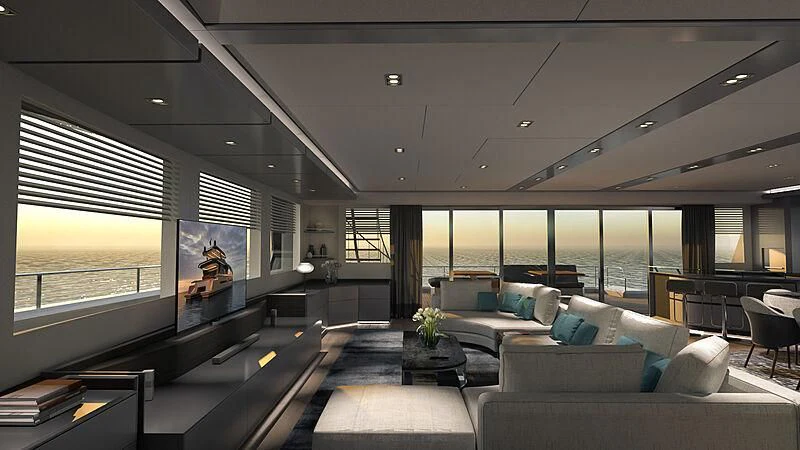 a room with a couch and a table and a tv aboard AMANTIS 7 Yacht for Sale