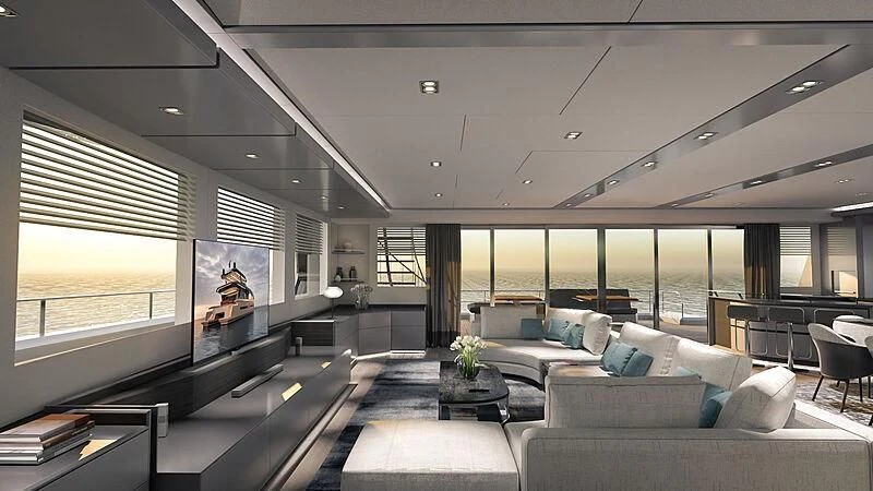 a large living room with a large window aboard AMANTIS 7 Yacht for Sale