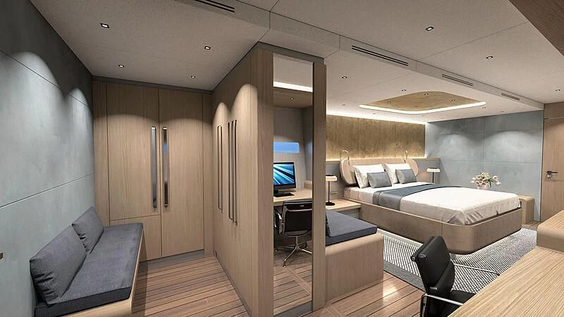 a living room with a large window aboard AMANTIS 7 Yacht for Sale