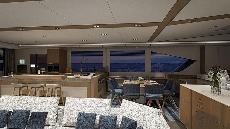 a room with tables and chairs aboard AMANTIS 7 Yacht for Sale