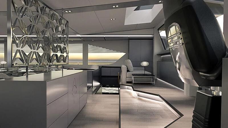 a room with a glass wall and a couch and a chair aboard AMANTIS 7 Yacht for Sale