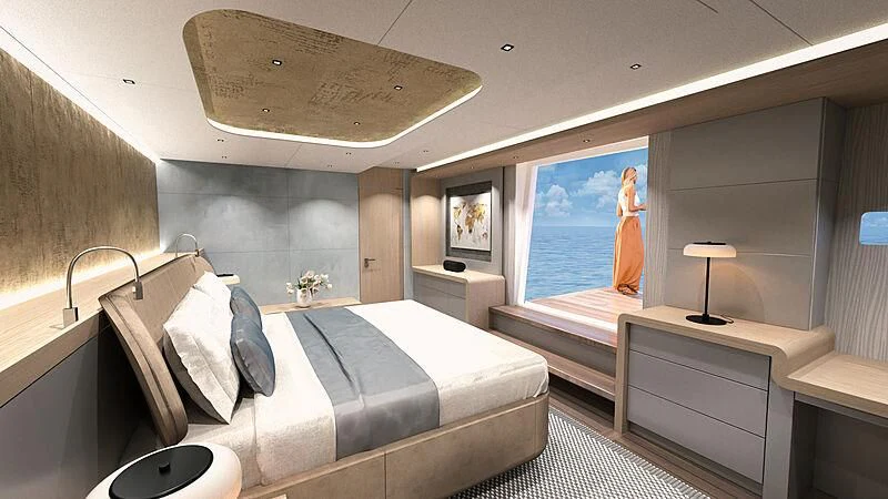 a room with a bed and a window aboard AMANTIS 7 Yacht for Sale