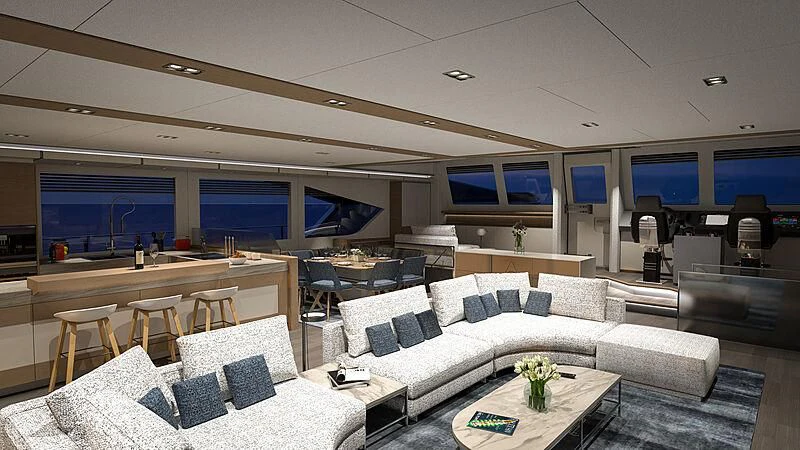 a living room with a couch and a tv aboard AMANTIS 7 Yacht for Sale