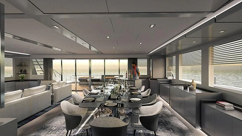 a room with a table chairs and a large window aboard AMANTIS 7 Yacht for Sale