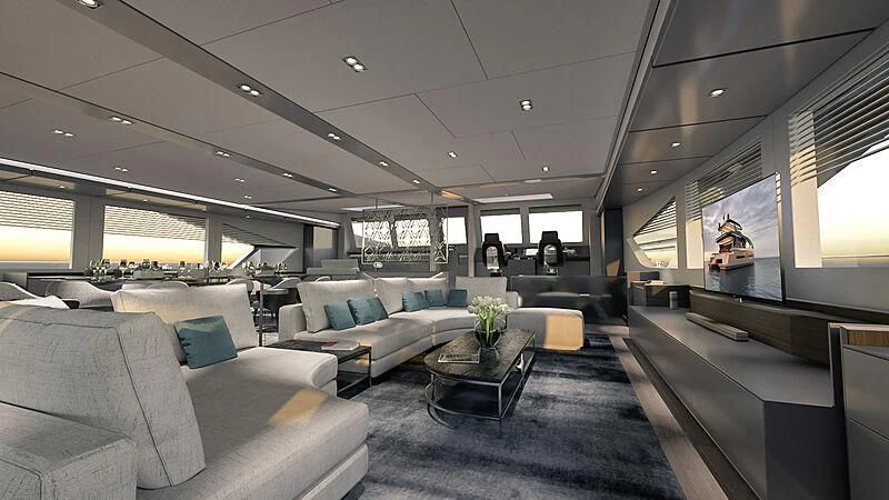 a large room with couches and a coffee table aboard AMANTIS 7 Yacht for Sale