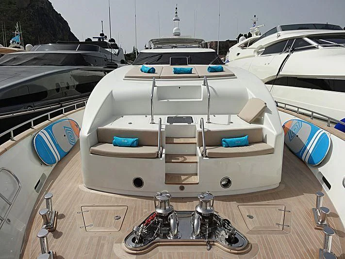 a white boat with a blue and silver boat on it aboard SANSARA Yacht for Sale