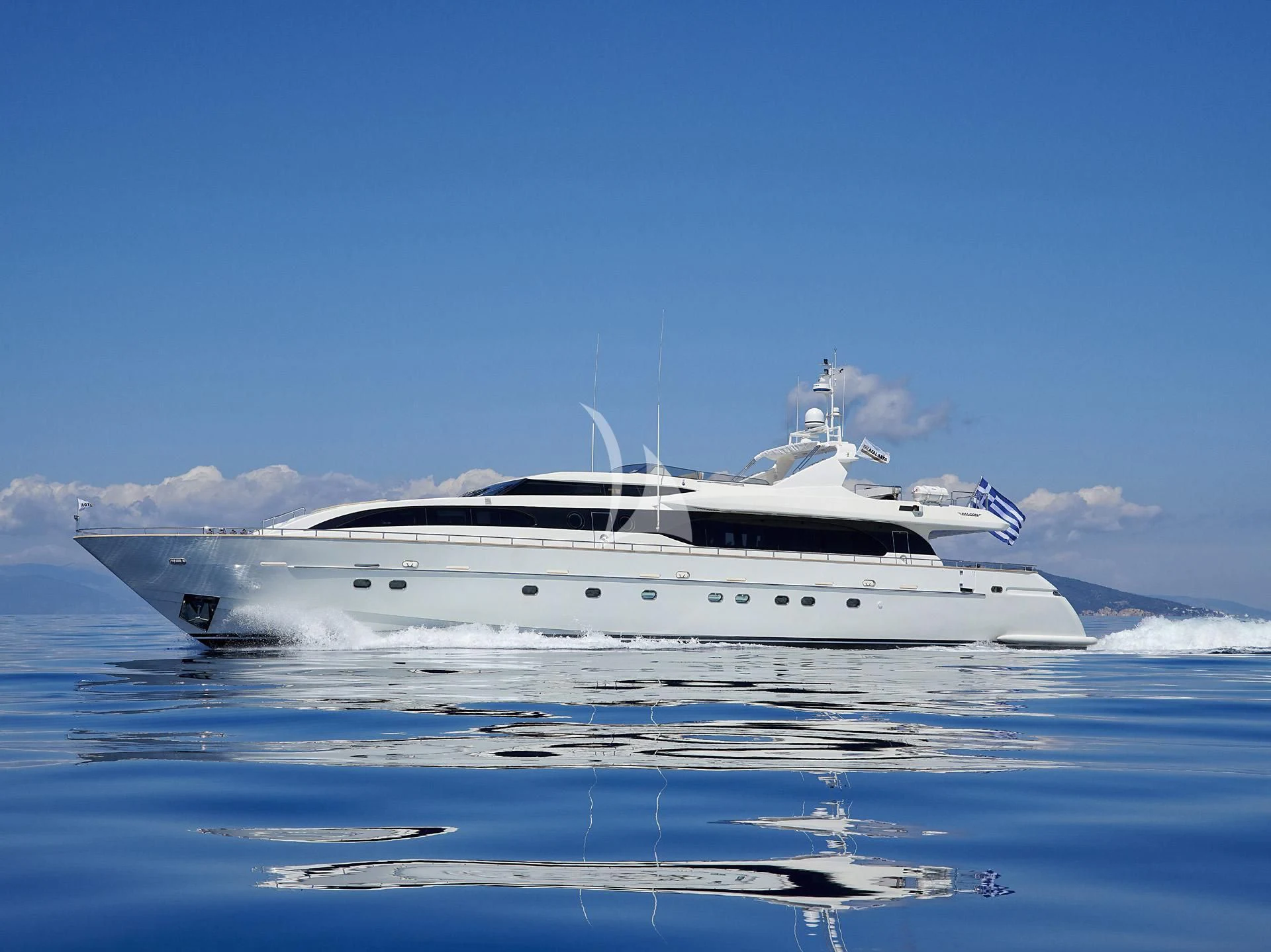 a white yacht in the water aboard SANSARA Yacht for Sale