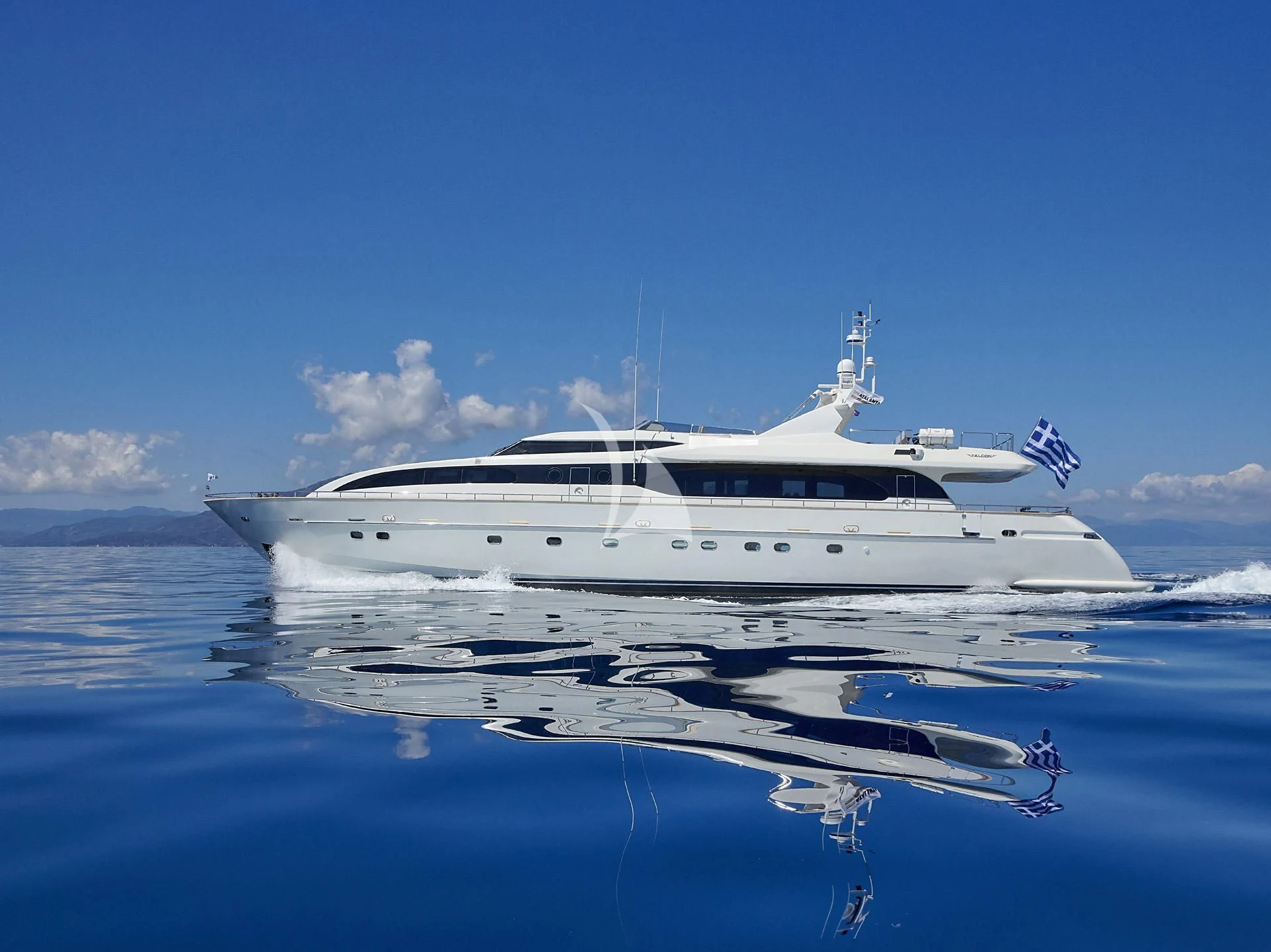 a white yacht in the water aboard SANSARA Yacht for Sale