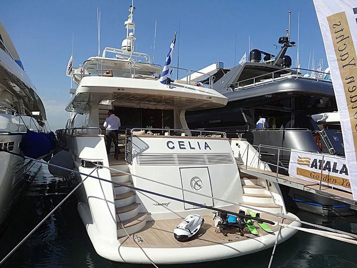 a boat docked at a pier aboard SANSARA Yacht for Sale