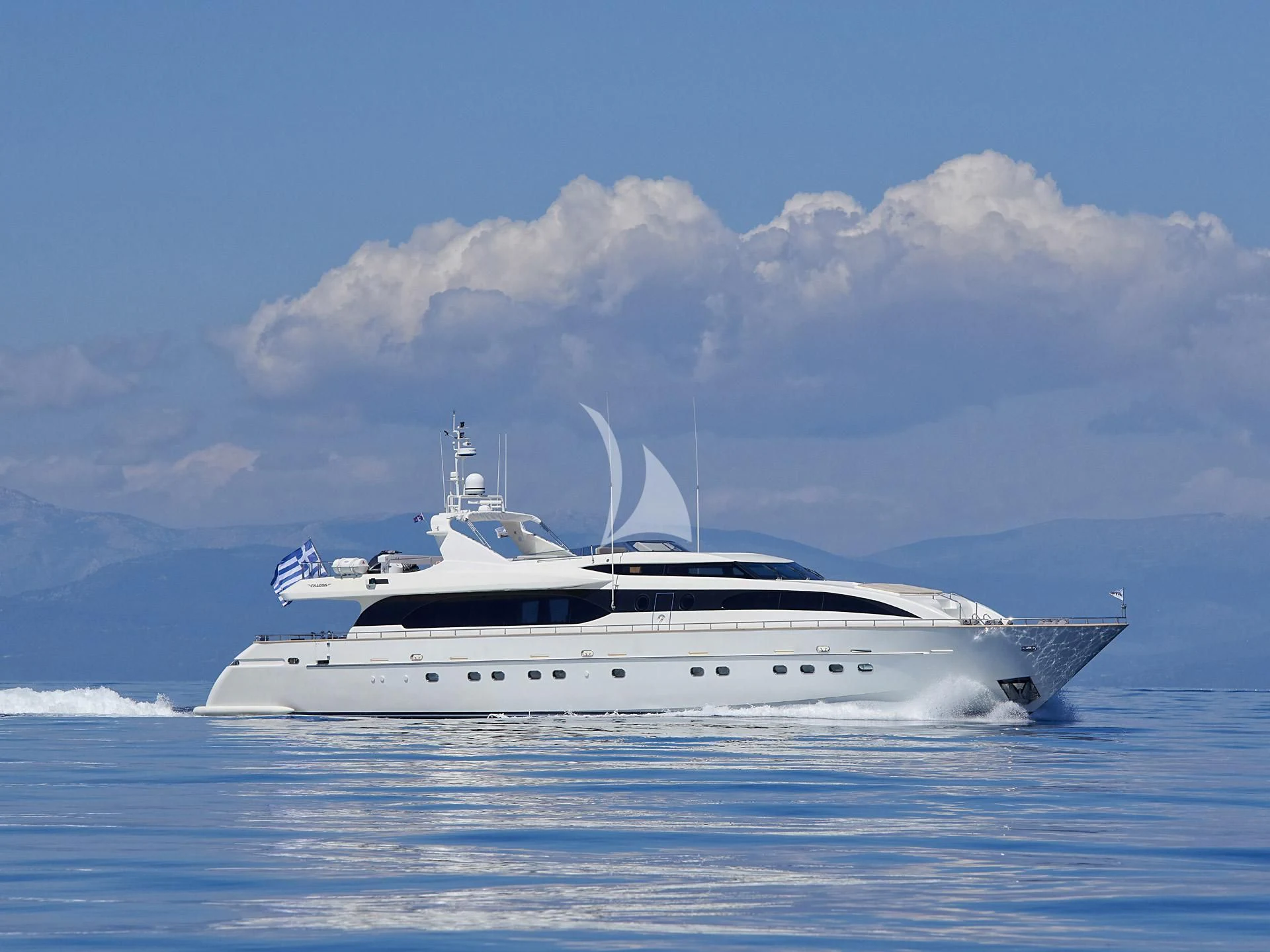 a white yacht in the water aboard SANSARA Yacht for Sale