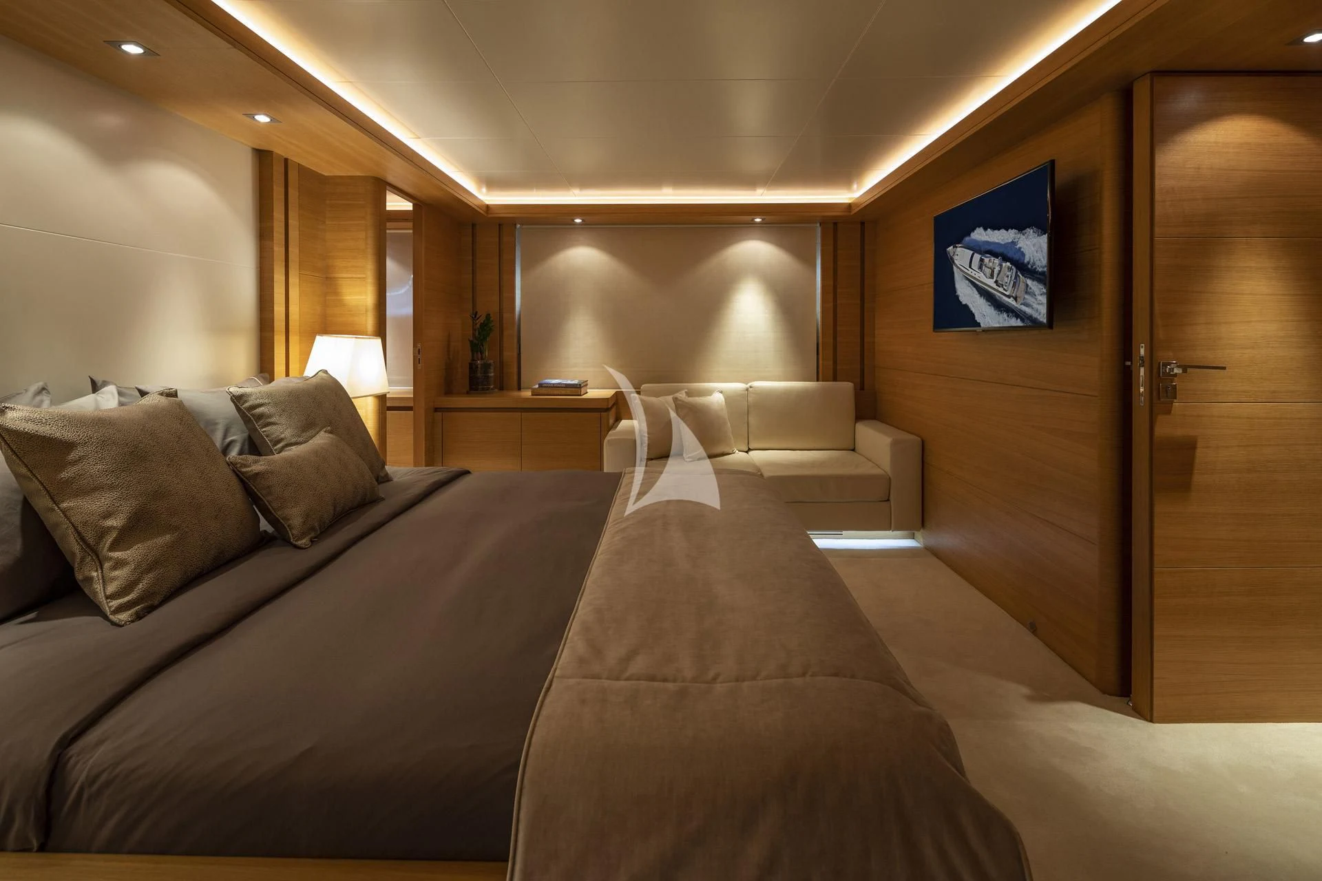 a bed in a room aboard SANSARA Yacht for Sale