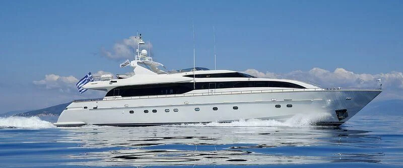 a white yacht on the water aboard SANSARA Yacht for Sale