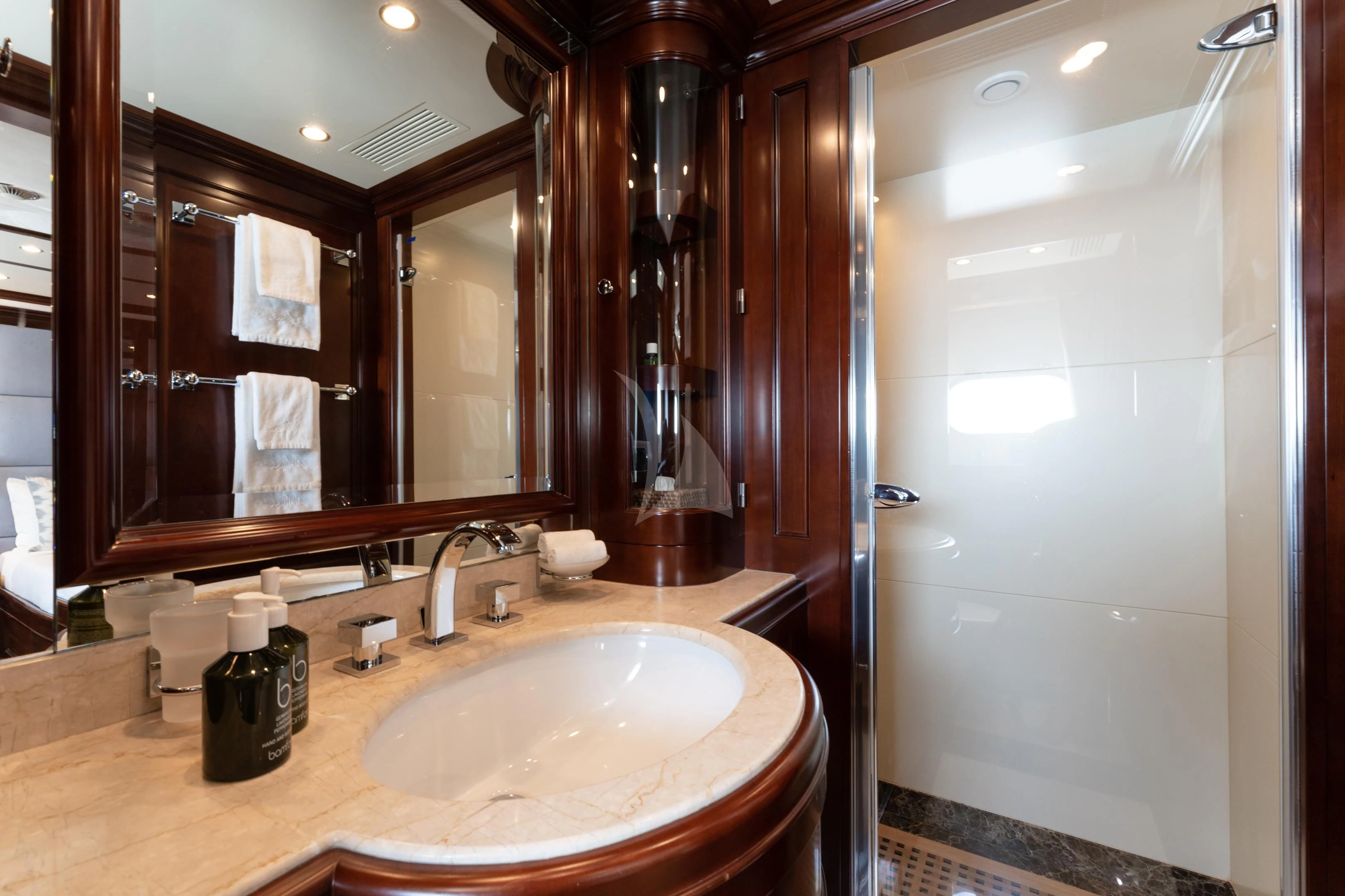 a bathroom with a sink and a mirror aboard MI AMORE JULIA Yacht for Sale