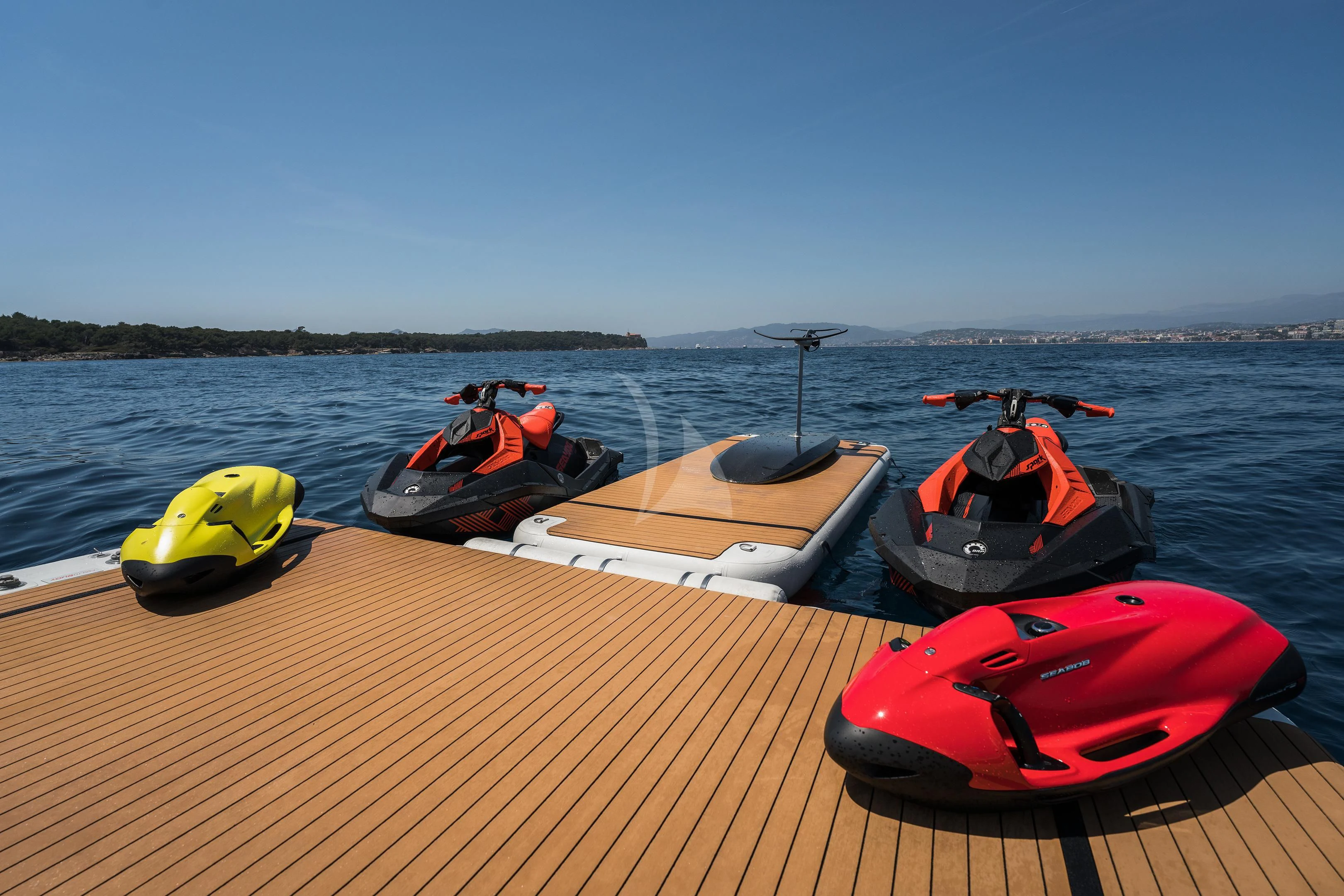 a group of kayaks on a dock aboard MI AMORE JULIA Yacht for Sale