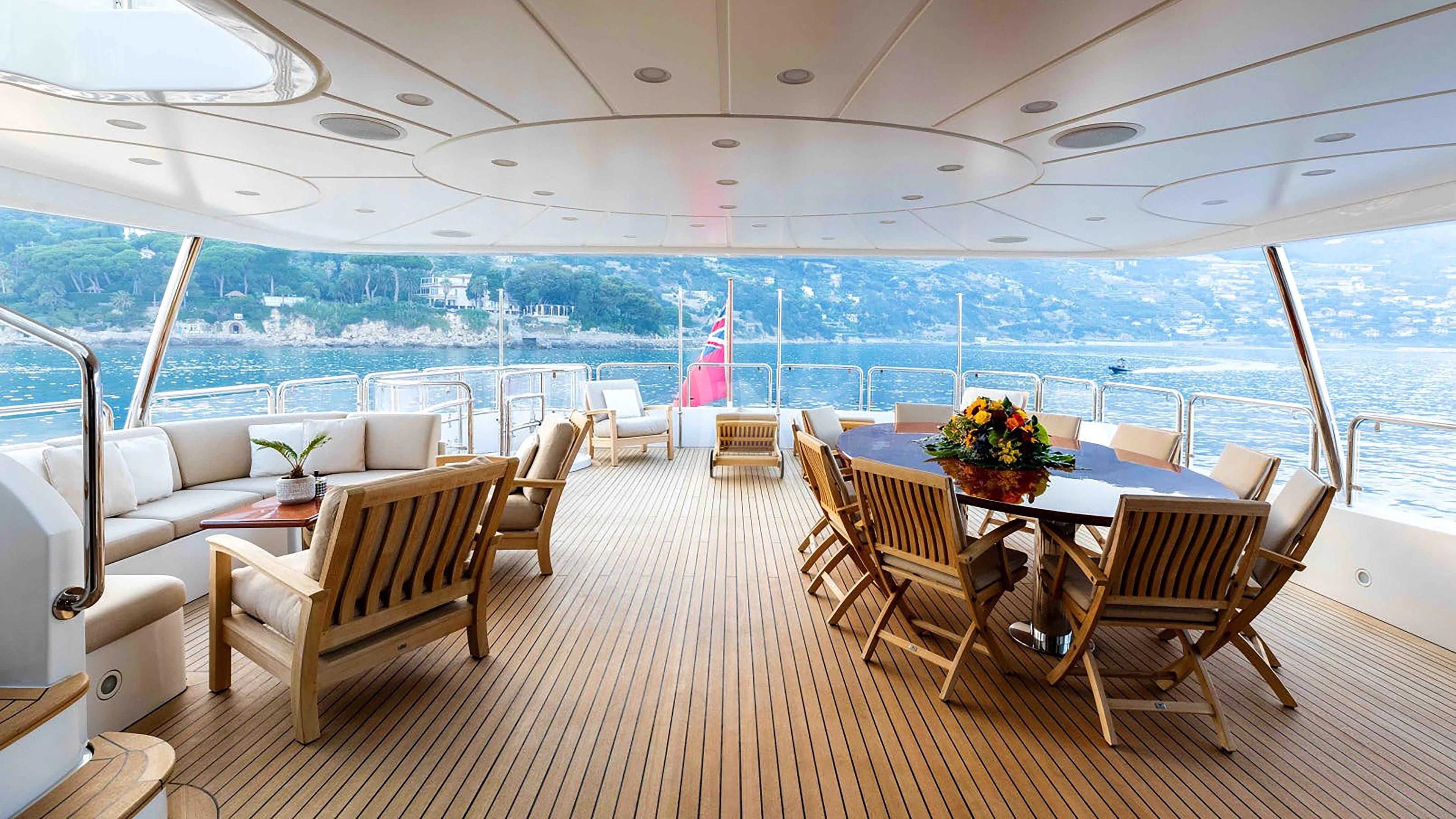a large room with a table and chairs and a large window aboard MI AMORE JULIA Yacht for Sale