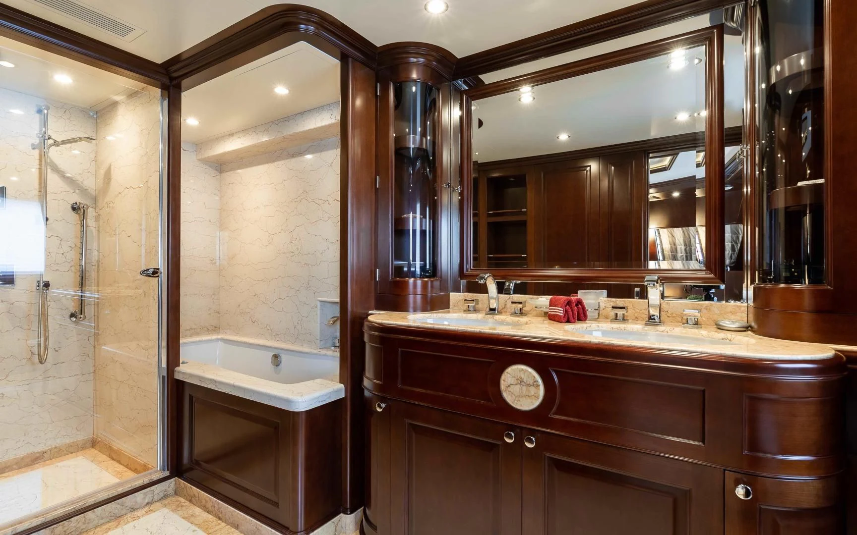 a bathroom with a large mirror aboard MI AMORE JULIA Yacht for Sale