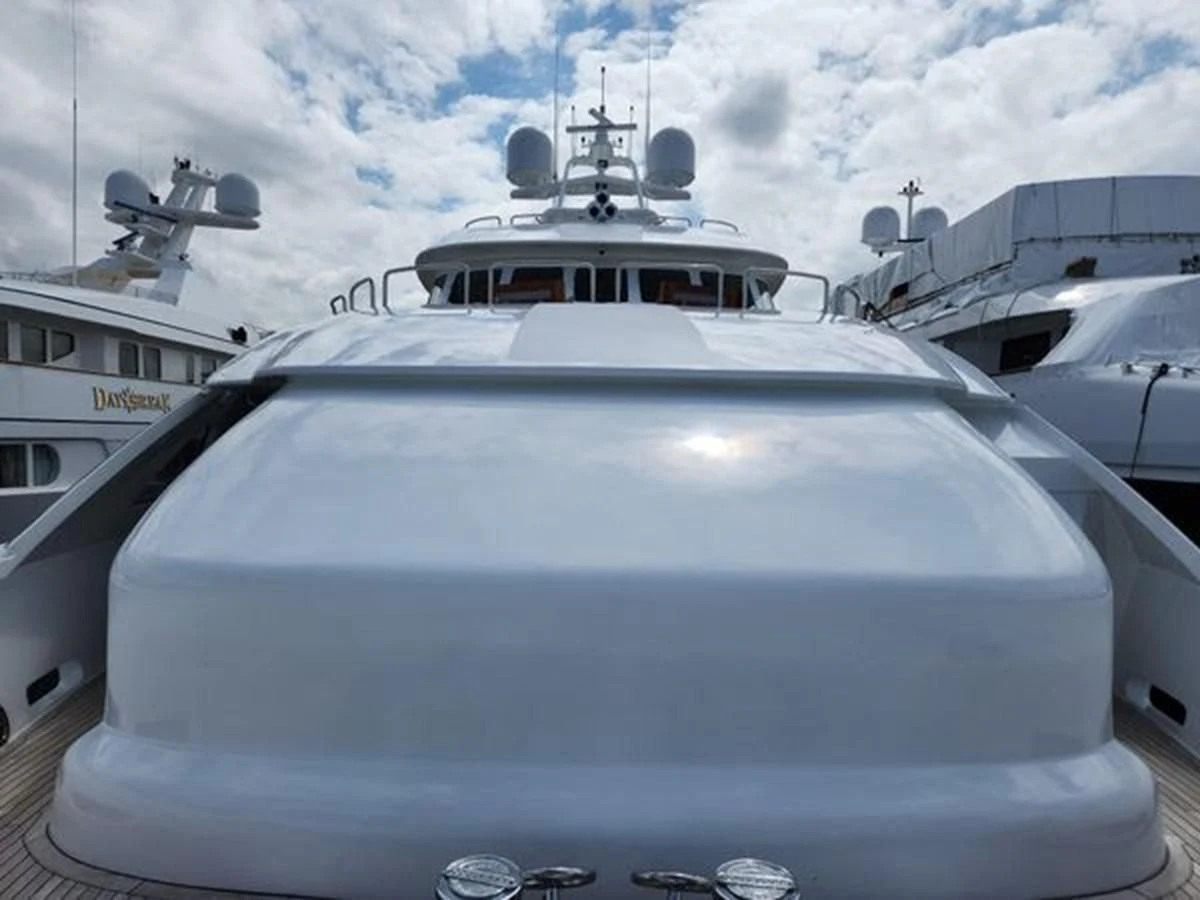 the front of a white boat aboard ISLAND HEIRESS Yacht for Charter