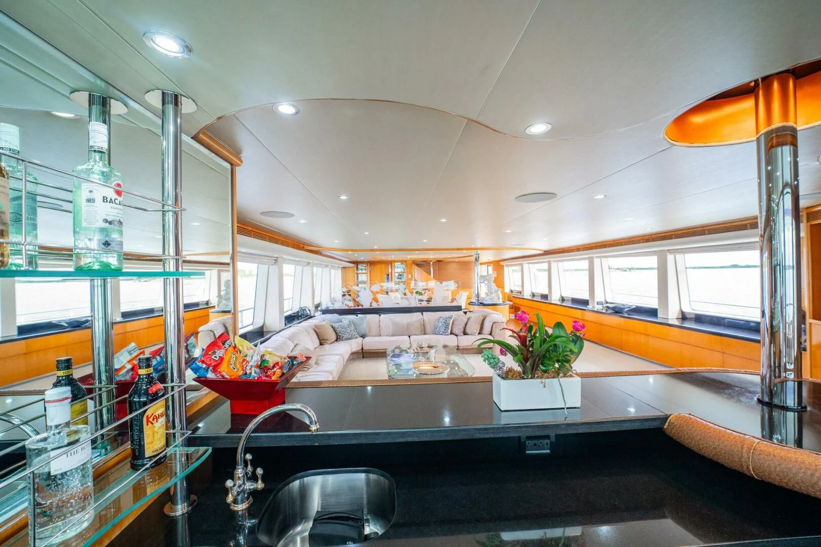a kitchen with a large glass window aboard ISLAND HEIRESS Yacht for Charter