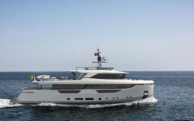 a white yacht on the water aboard EBYSHINE Yacht for Sale