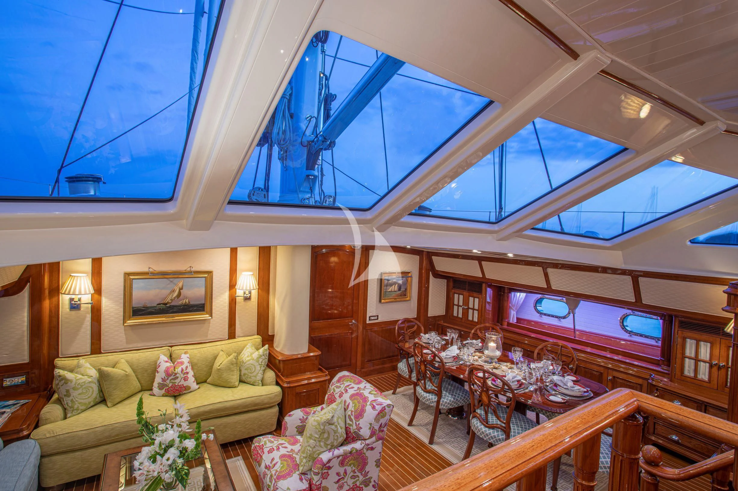 a living room with a large window aboard WHISPER Yacht for Sale