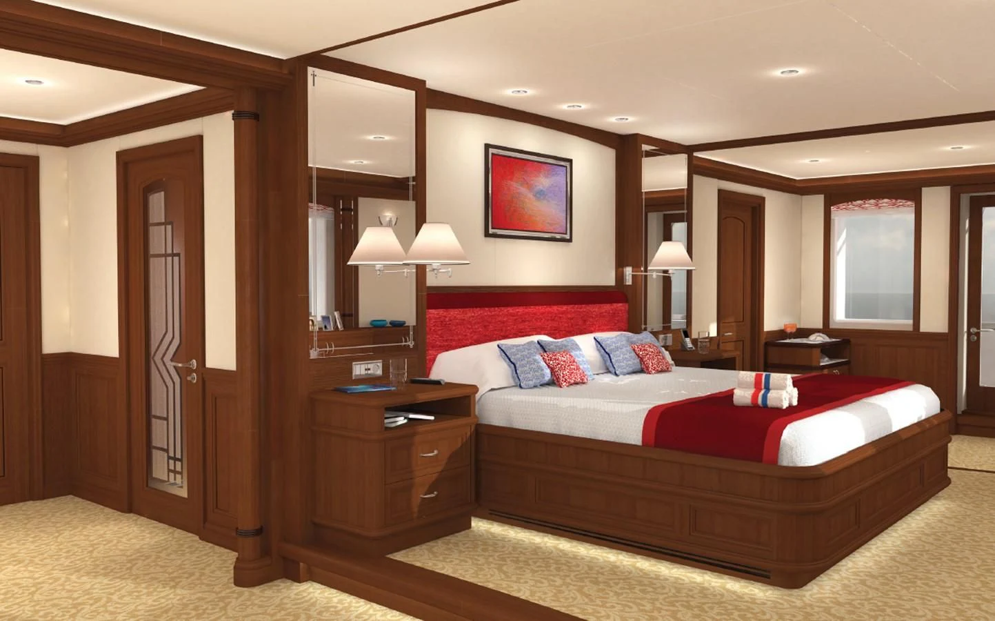 a bedroom with a bed and a desk aboard SIMON FRASER Yacht for Sale