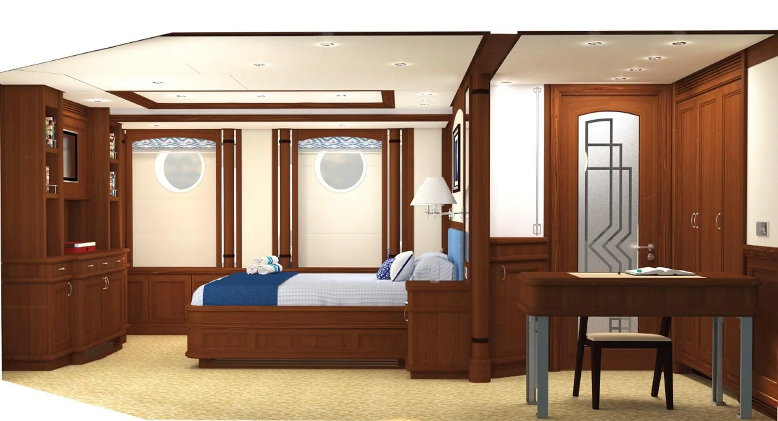 a bedroom with a bed and desk aboard SIMON FRASER Yacht for Sale