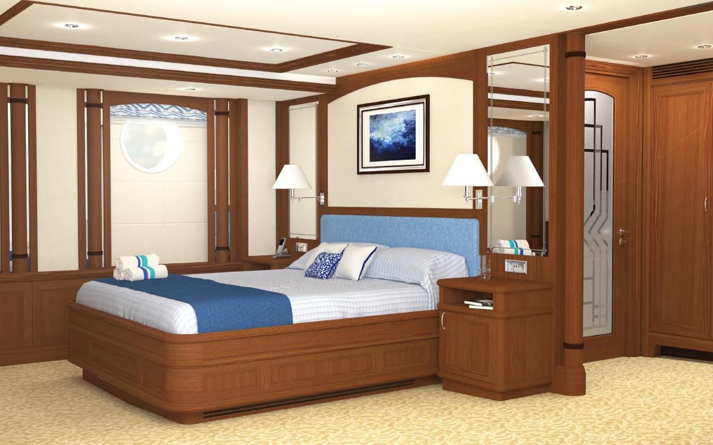 a bedroom with a bed and a mirror aboard SIMON FRASER Yacht for Sale