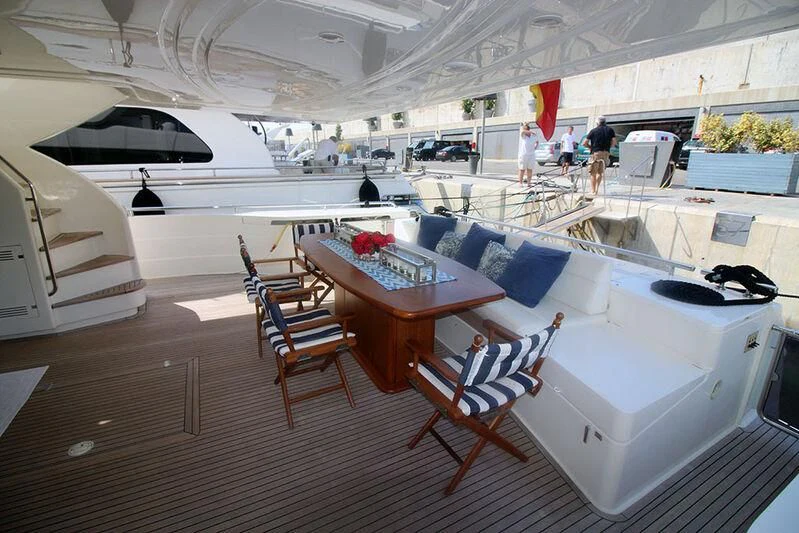 a room with a table and chairs aboard ARGO Yacht for Sale