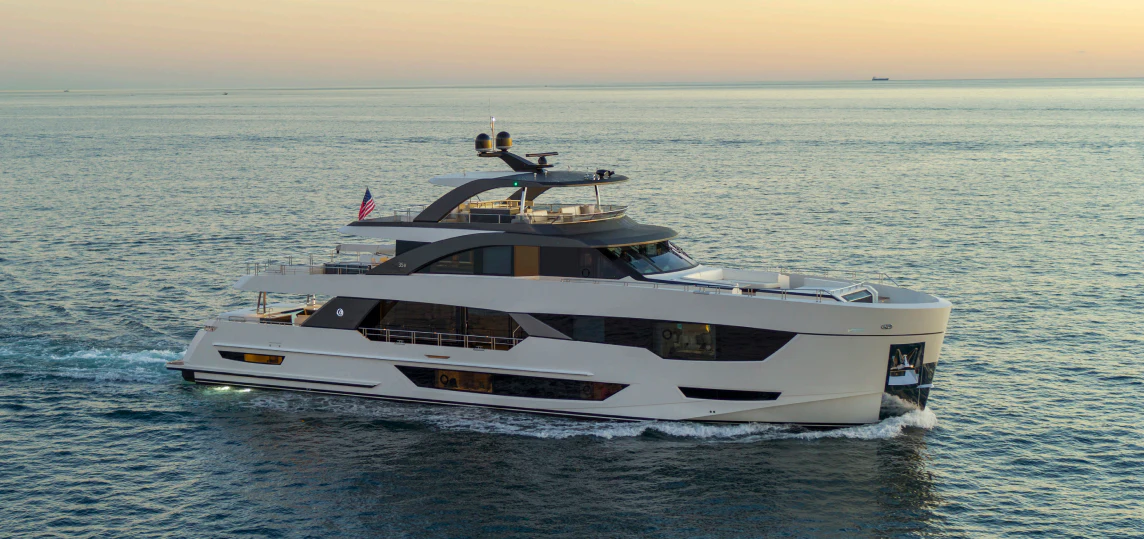 a white yacht in the ocean aboard MÖBIUS Yacht for Sale