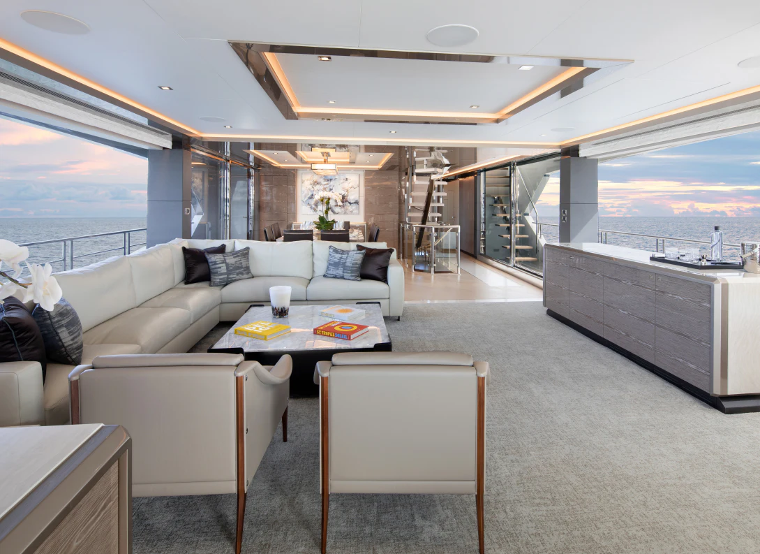a living room with a large window aboard MÖBIUS Yacht for Sale