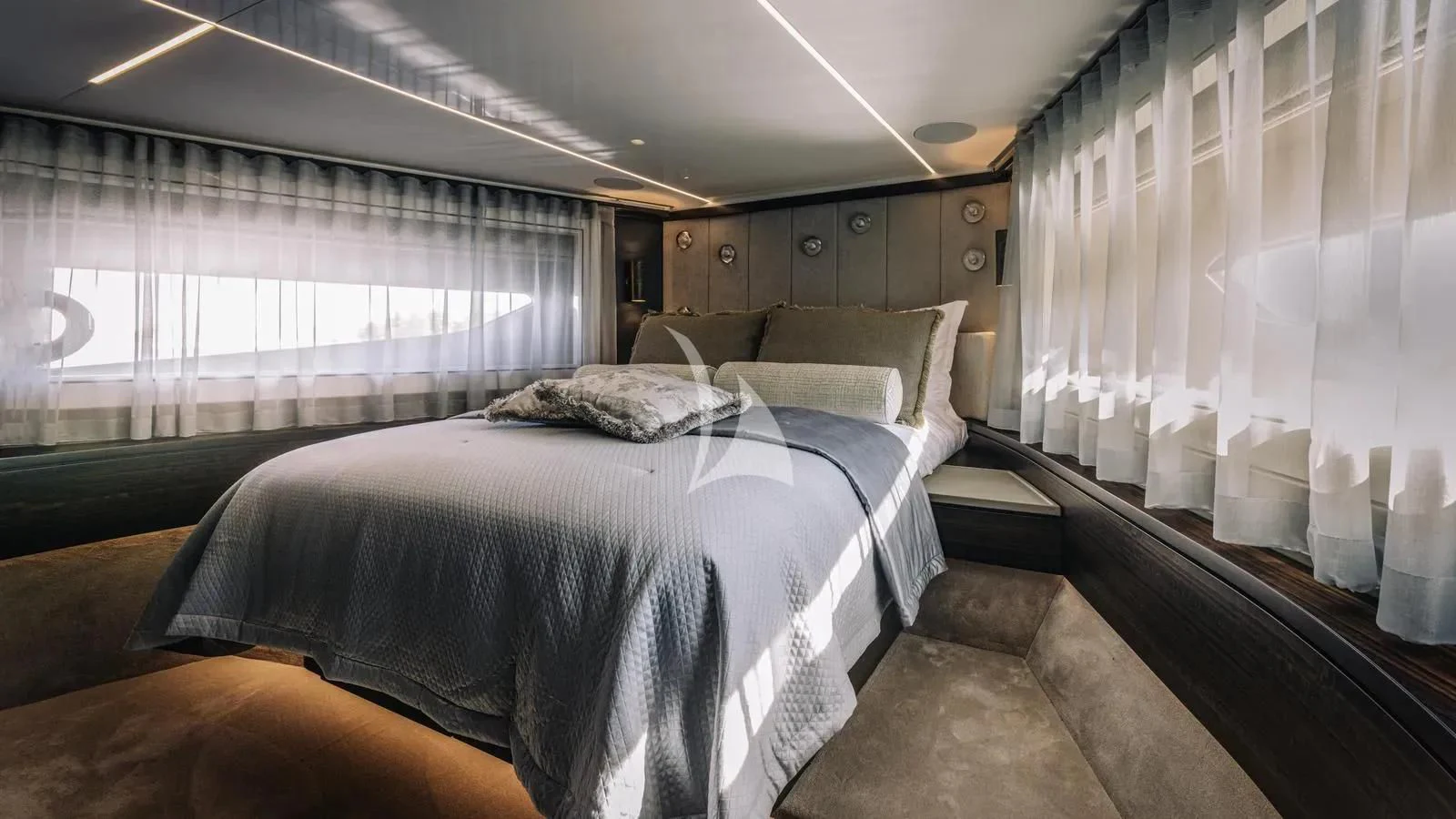 a room with two beds aboard EXIT Yacht for Sale