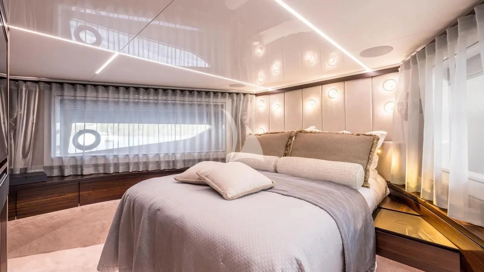 a room with a bed and a window aboard EXIT Yacht for Sale