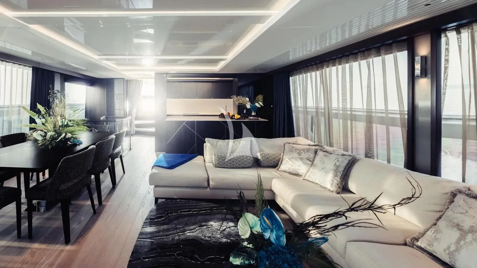 a large bedroom with a large bed aboard EXIT Yacht for Sale