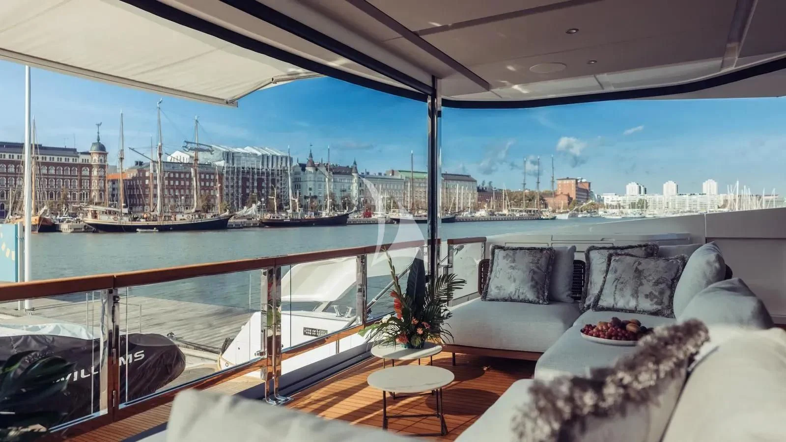 a large balcony overlooking a city aboard EXIT Yacht for Sale
