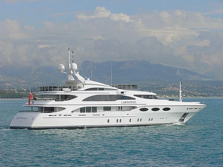 a white yacht in the water aboard MY FALCON Yacht for Sale