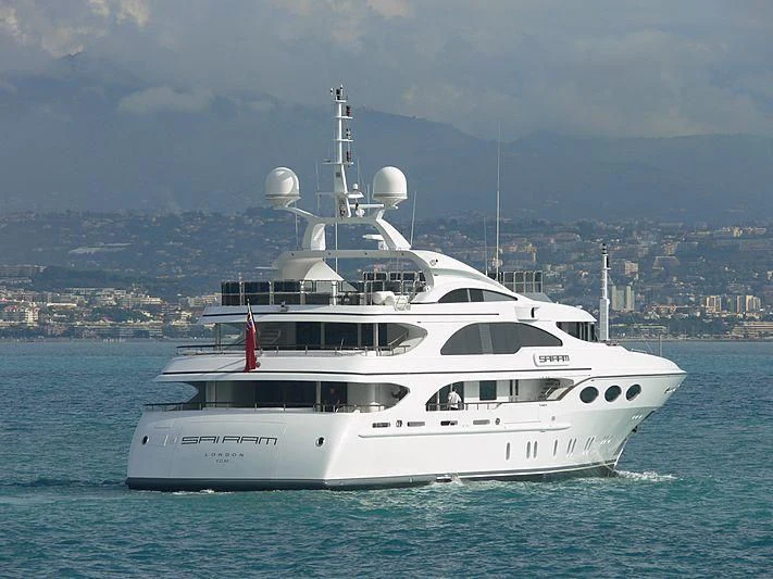 a white yacht in the water aboard MY FALCON Yacht for Sale