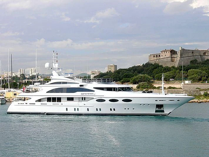 a white yacht in the water aboard MY FALCON Yacht for Sale