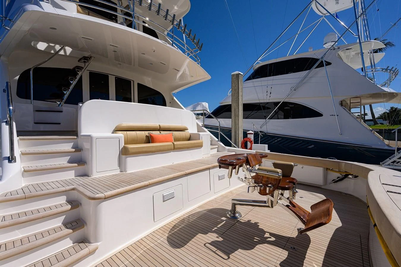 a boat docked at a pier aboard SWEETUMS Yacht for Sale