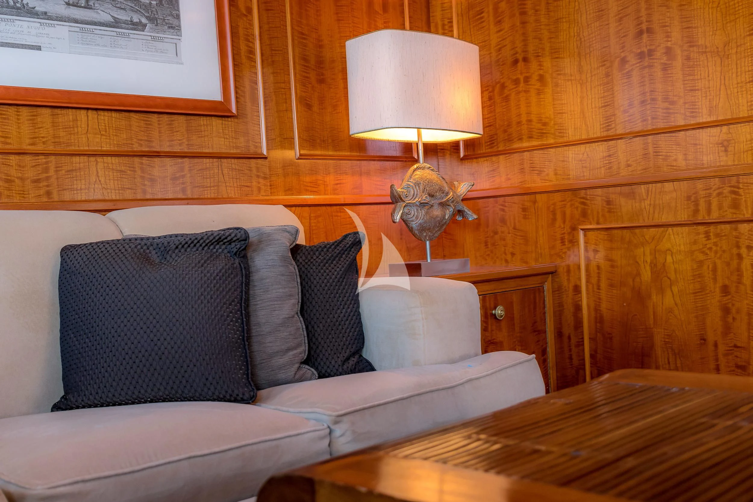 a couch with pillows and pillows aboard SECRET LIFE Yacht for Sale