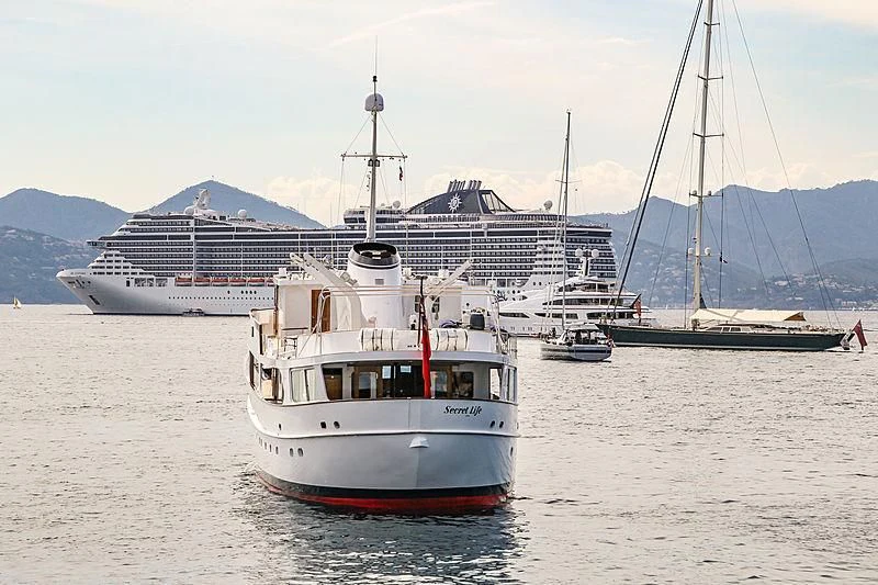 a group of boats in a harbor aboard SECRET LIFE Yacht for Sale