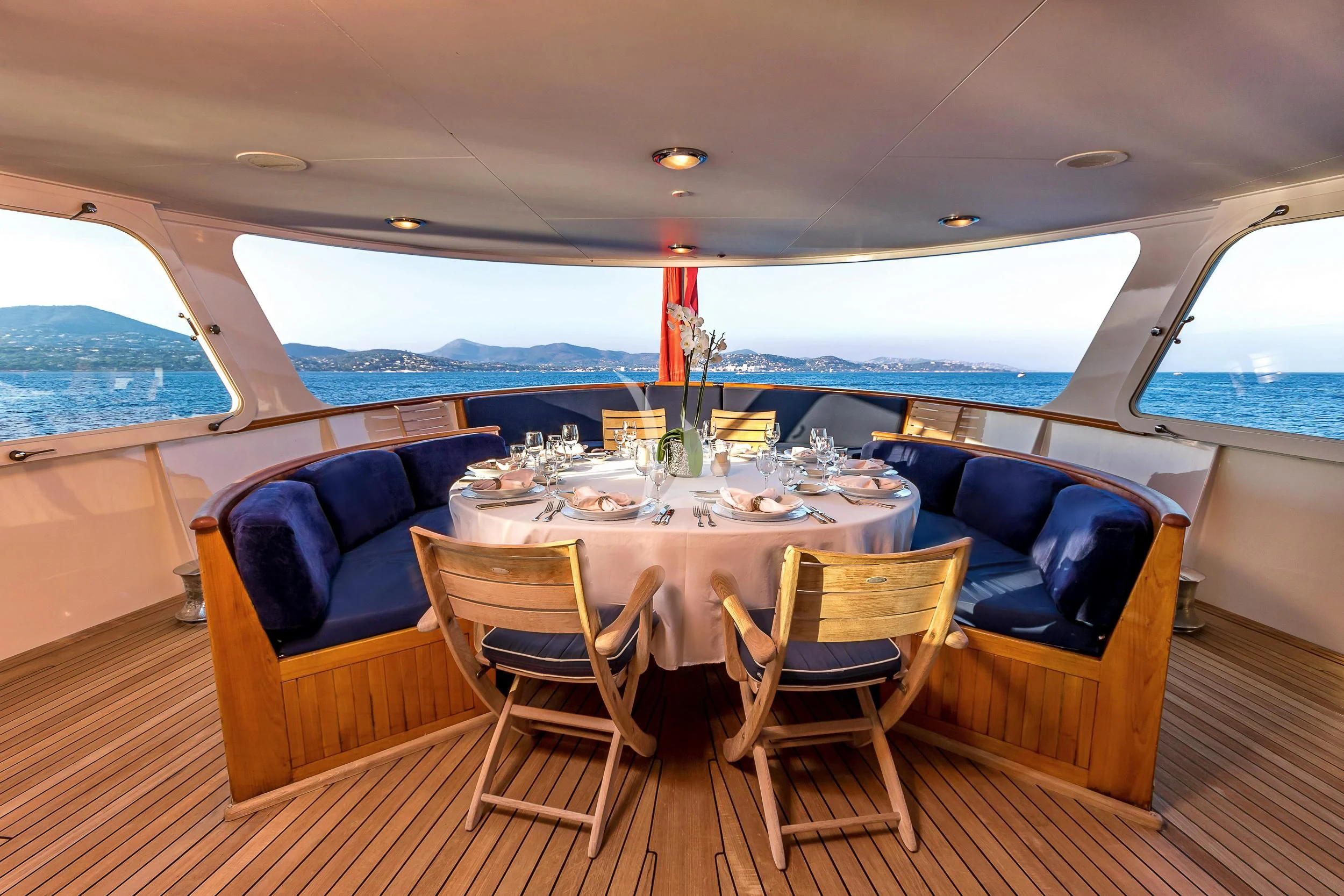 a dining table on a boat aboard SECRET LIFE Yacht for Sale