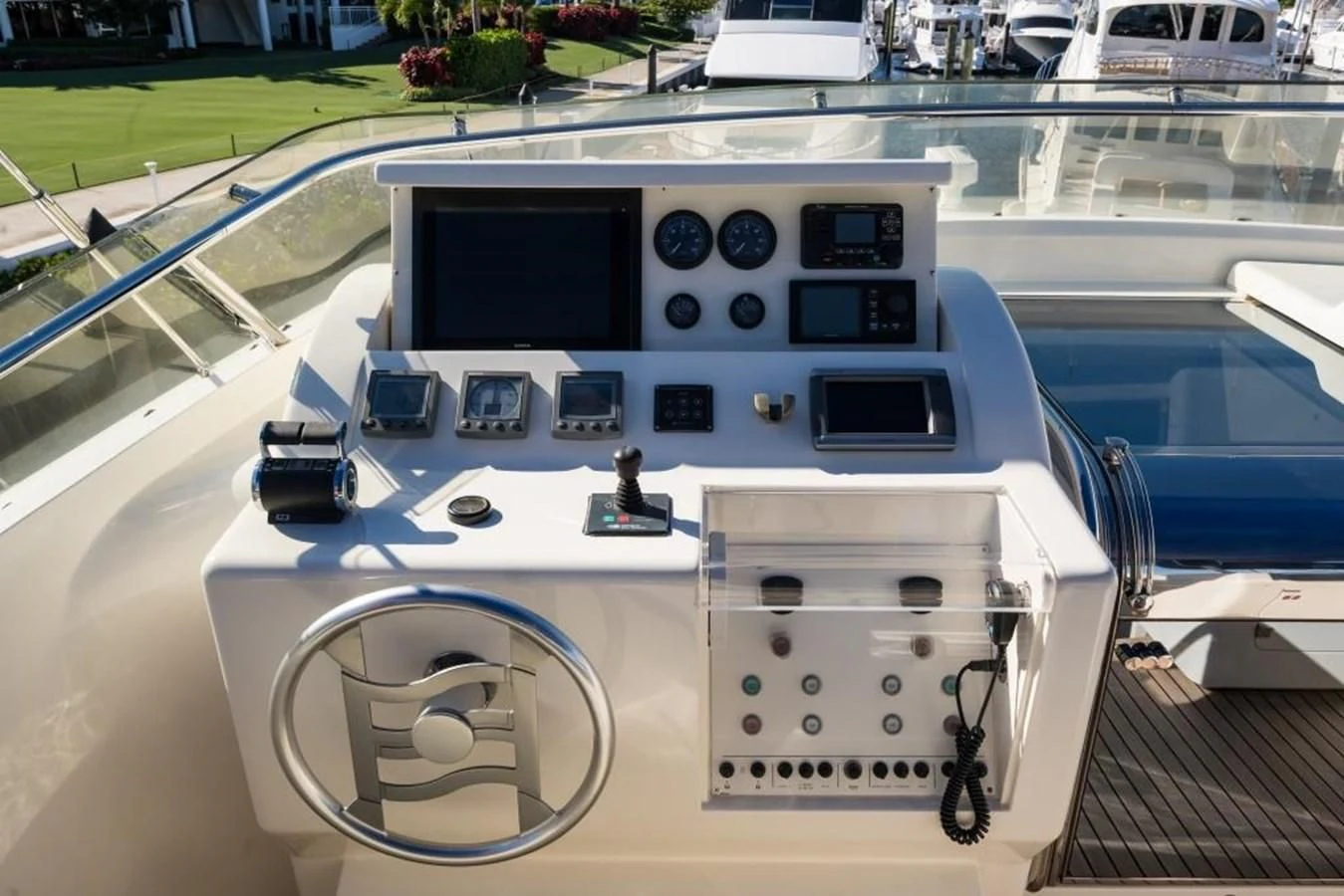 the cockpit of a white boat aboard TOMORROW WE RIDE Yacht for Sale