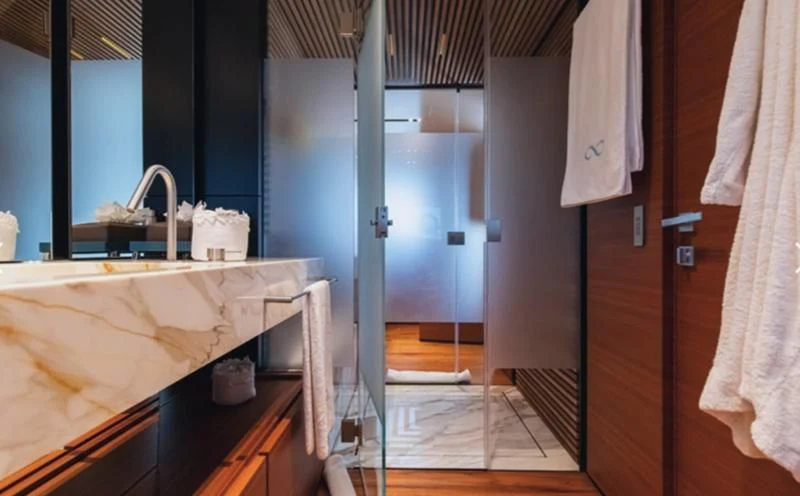 a bathroom with a sink and a mirror aboard SOUTH Yacht for Sale