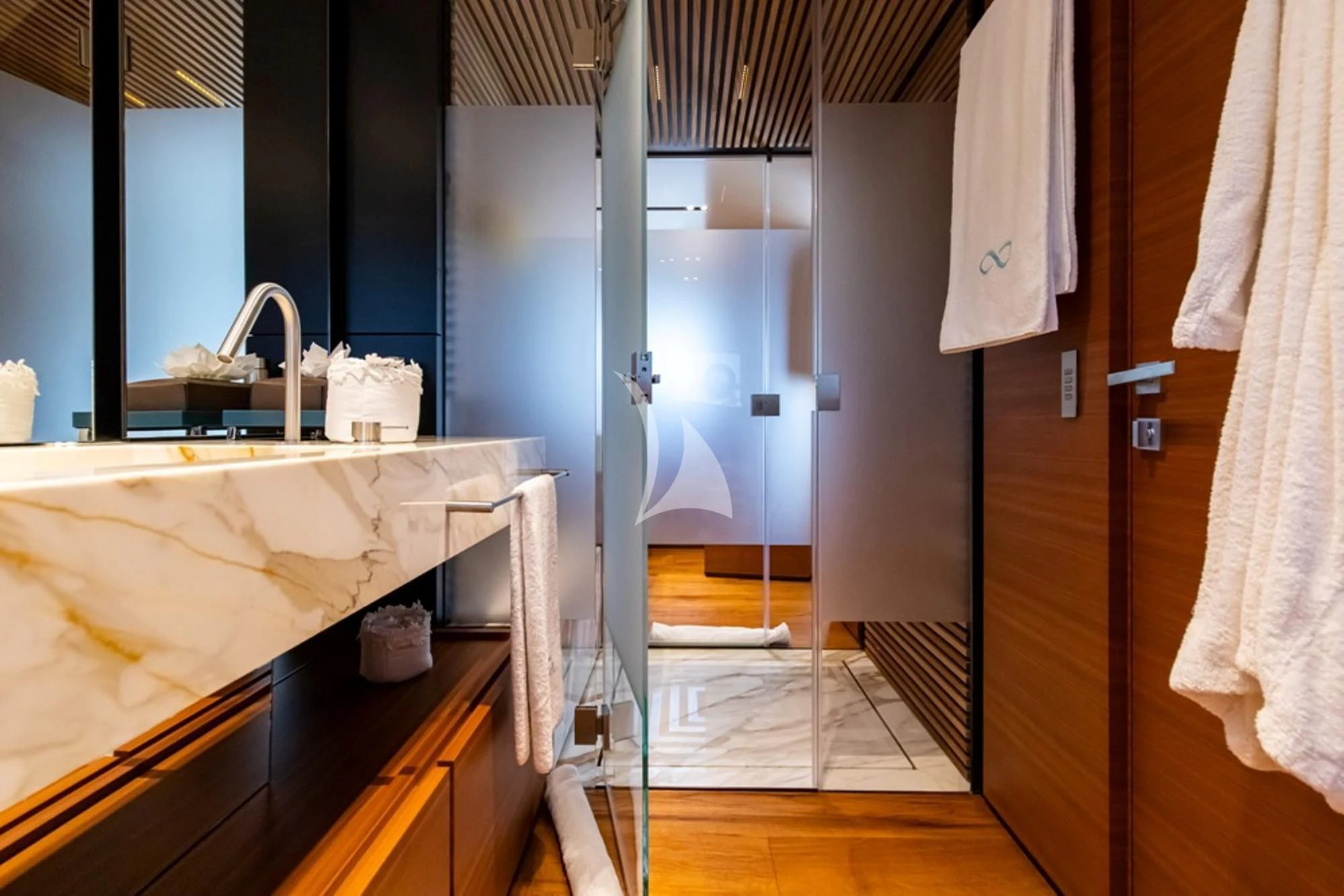 a bathroom with a tub sink and a shower aboard SOUTH Yacht for Sale