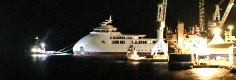 a large white boat with lights on it aboard OLIVIA O Yacht for Sale