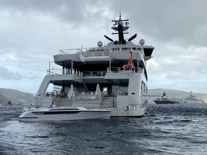 a large white boat in the water aboard OLIVIA O Yacht for Sale