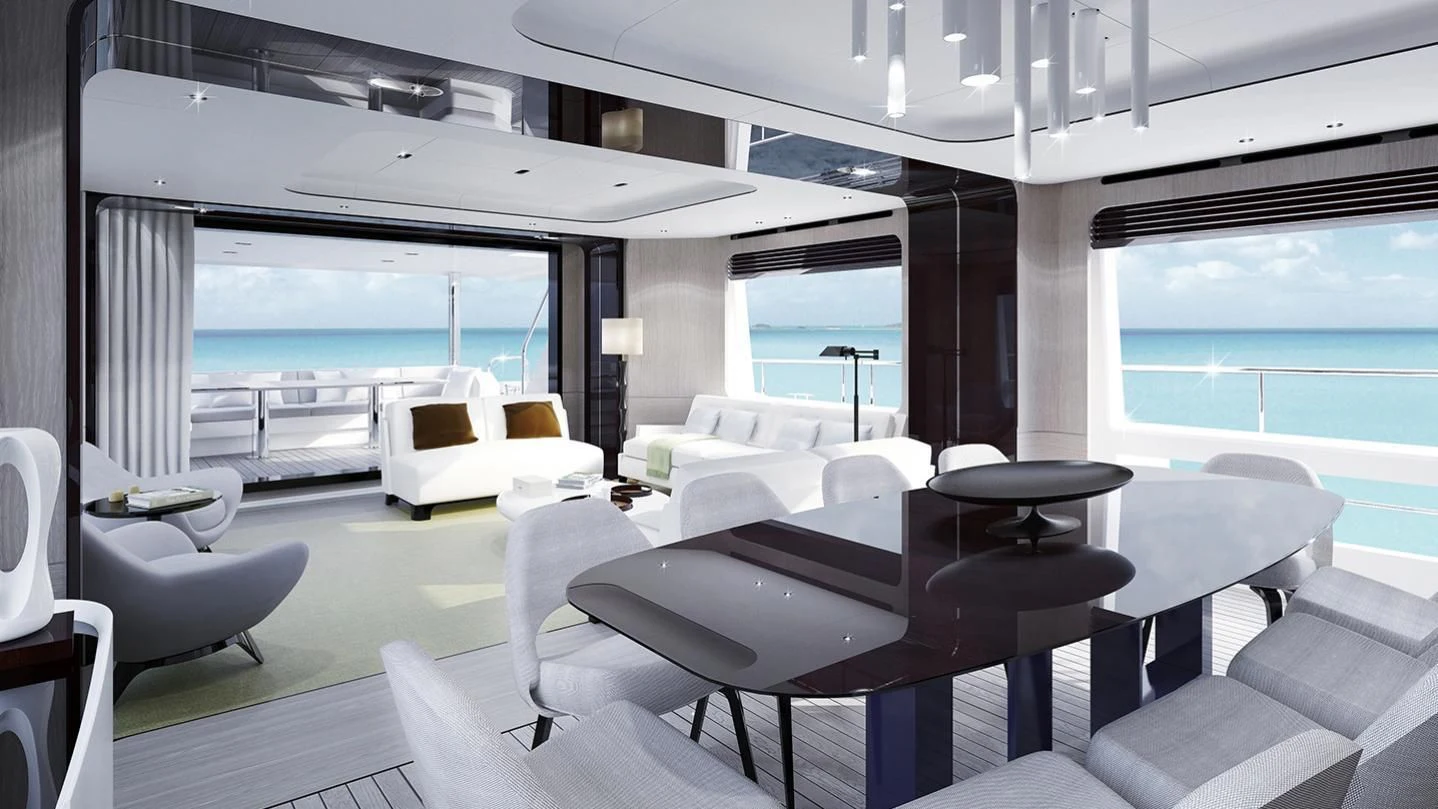 a room with a large window and a view of the ocean aboard GRANDE 27M Yacht for Sale