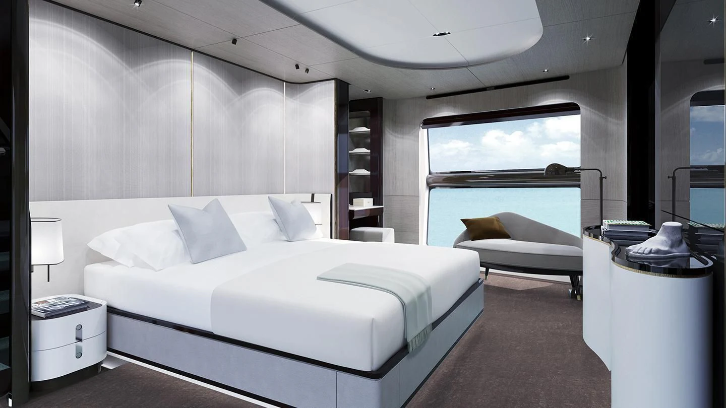 a room with two beds aboard GRANDE 27M Yacht for Sale